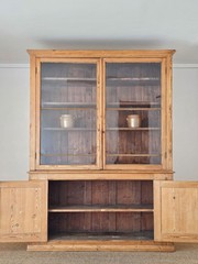 Grand Antique English Pine Display Cabinet Glass Doors Farmhouse Cupboard Hutch