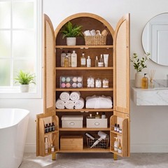 71″ Tall Rattan Cabinet, Arched Doors Adjustable Shelves, Farmhouse Oak