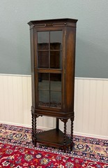 Antique English Jacobean Corner Cabinet Barley Twist Legs Glass Door Oak 1920s