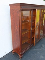 Early 1900s Tiger Oak Long Large China Cabinet Bookcase Cupboard 6583