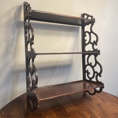 Antique Edwardian Mahogany Carved Fretwork Wall Plate Shelf Rack Display Grooves