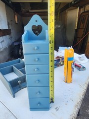 Vintage Blue 6 Drawer Wooden Heart Spice Cabinet What Not Shelf, Heart Cutout,