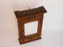 Antique Small Wooden Oak Cabinet with Beveled Mirror and Carved Ornaments