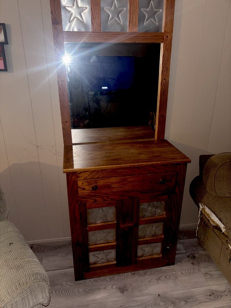 Country Pie Safe Cabinet Wood Tin Glass Doors Brown Star Theme