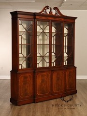 China Cabinet Display Bookcase with Carved Pediment and Silk Backing