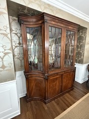 Henredon Mahogany Inlaid Flame Regency Breakfront China 2 piece Display Cabinet