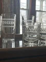 Mid-Century Modern Drexel “Profile” Bar Cabinet & 18 Pc Glassware Set