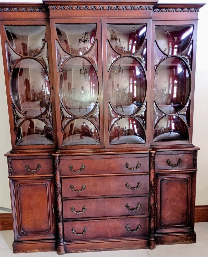Antique Bubble Glass Mahogany Georgian Breakfront Writing Desk Cabinet Bookcase