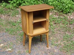 Vintage Mid Century Modern Blonde Tambour Door Cabinet Table Stand