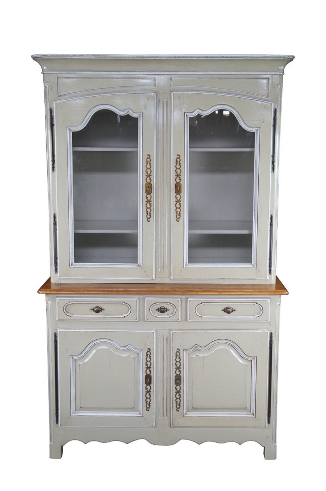 Vintage Country French Provincial Oak Buffet Deux Corps China Display Cabinet