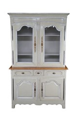 Vintage Country French Provincial Oak Buffet Deux Corps China Display Cabinet