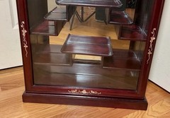 Chinese Carved Rosewood Mother of Pearl Wall Curio Display Cabinet w/Mirror Back