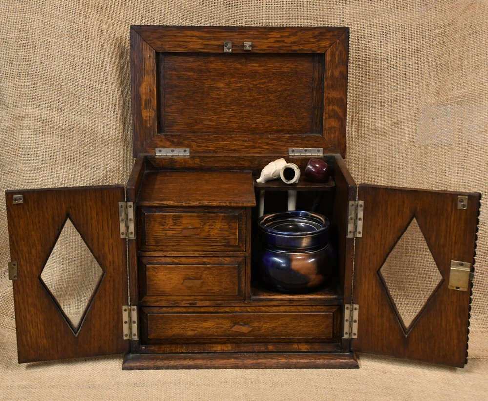 Antique Edwardian Tobacco Pipe Cabinet with Key and Ceramic Tobacco Pot
