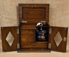 Antique Edwardian Tobacco Pipe Cabinet with Key and Ceramic Tobacco Pot