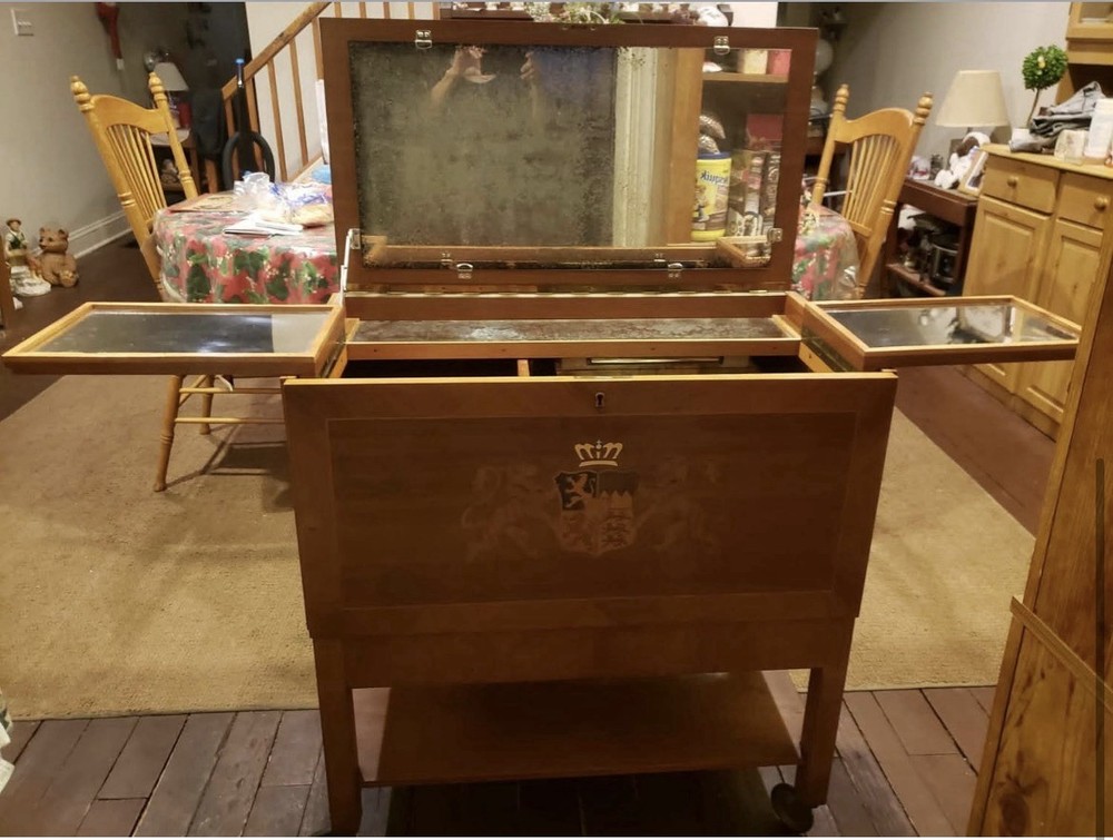 Antique Wooden Bar Cabinet with Glass Door, Carvings, Drawer, and Shelf