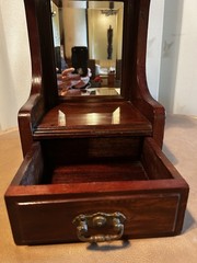 Antique 10”x24” Wooden Shaving Stand, Beveled Mirrors, 2 Shelves w/Drawer