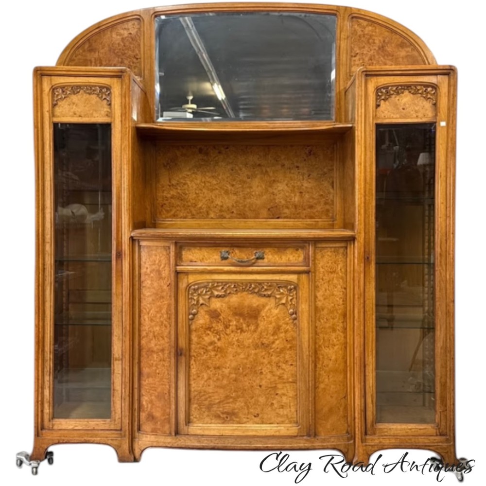 antique french art nouveau liquor cabinet burled elm curio cupboard 1920