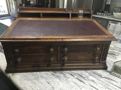 Antique “CLARK’S ONT” Oak Spool Cabinet, 4 Drawers, Slant top desk.  EXC COND