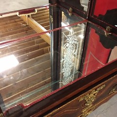 Ornate Burl Walnut French Style Display Cabinet With Brass Accents Glass Shelves