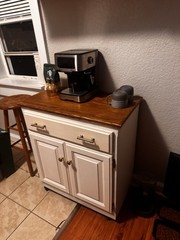 White Raised Panel Cabinet with Wooden Top, Brass Handles, 2 Doors & 1 Drawer
