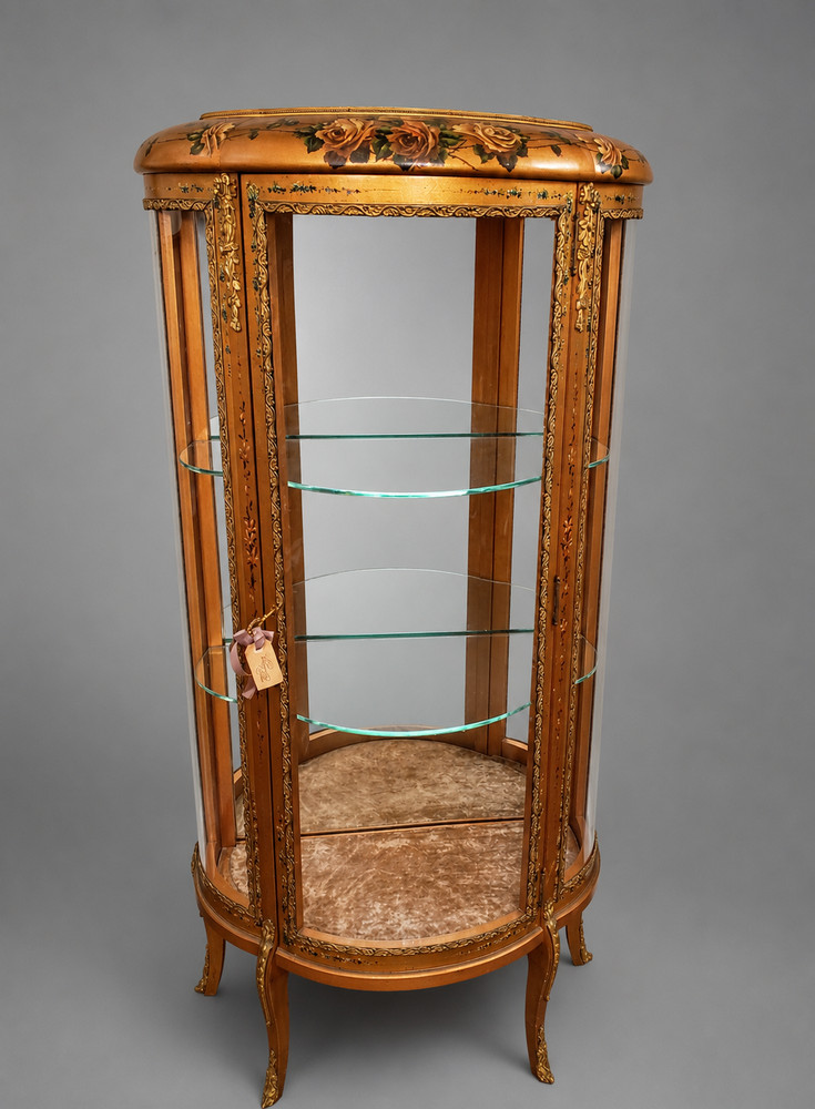 Antique Hand Painted Roses Wooden Curved Glass Curio Cabinet w/ Ormolu Trim