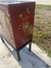 Vintage Hand Painted Red Lacquer Asian Oriental Cabinet Table Made in Spain