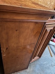 Antique Wooden Cabinet, Raised Panel Doors, Carvings, 48″ Tall, Two Doors