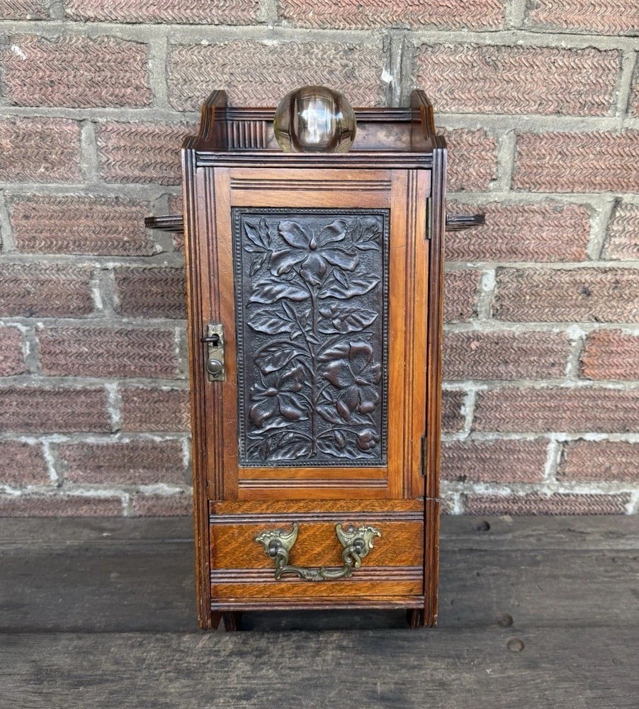 Antique Edwardian Oak Wall Hanging Smokers Cabinet & Original Glass Match Holder