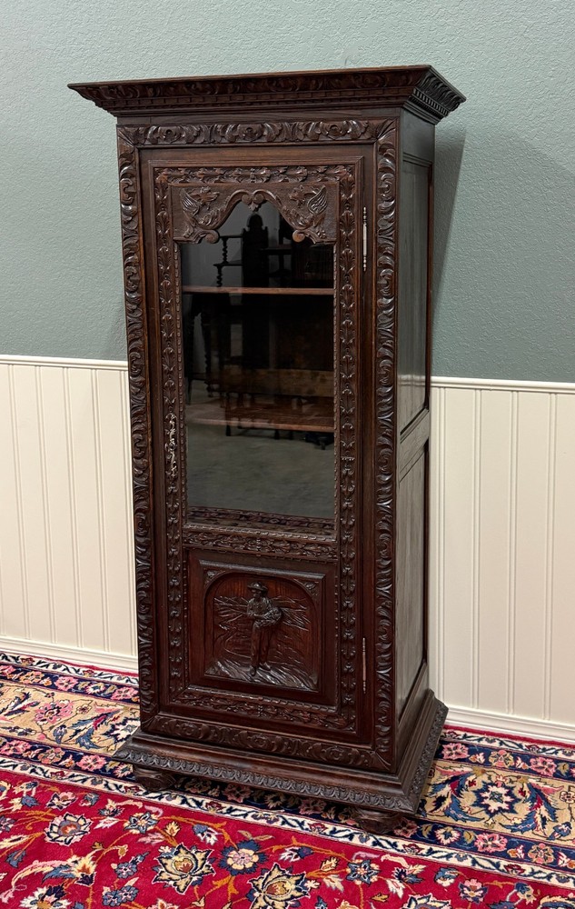 Antique French Breton Bookcase Armoire Linen Cab Wavy Glass Carved Chestnut 19th