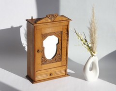 Antique Art Deco Wooden Wall Cabinet with Mirror and Carved Details, Apothecary