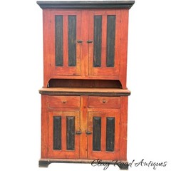 Antique Ohio Step Back dutch cupboard Red paint country farmhouse raised panel