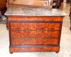 French Antique Tiger Mahogany Louis Philippe Marble Top Chest / Sideboard