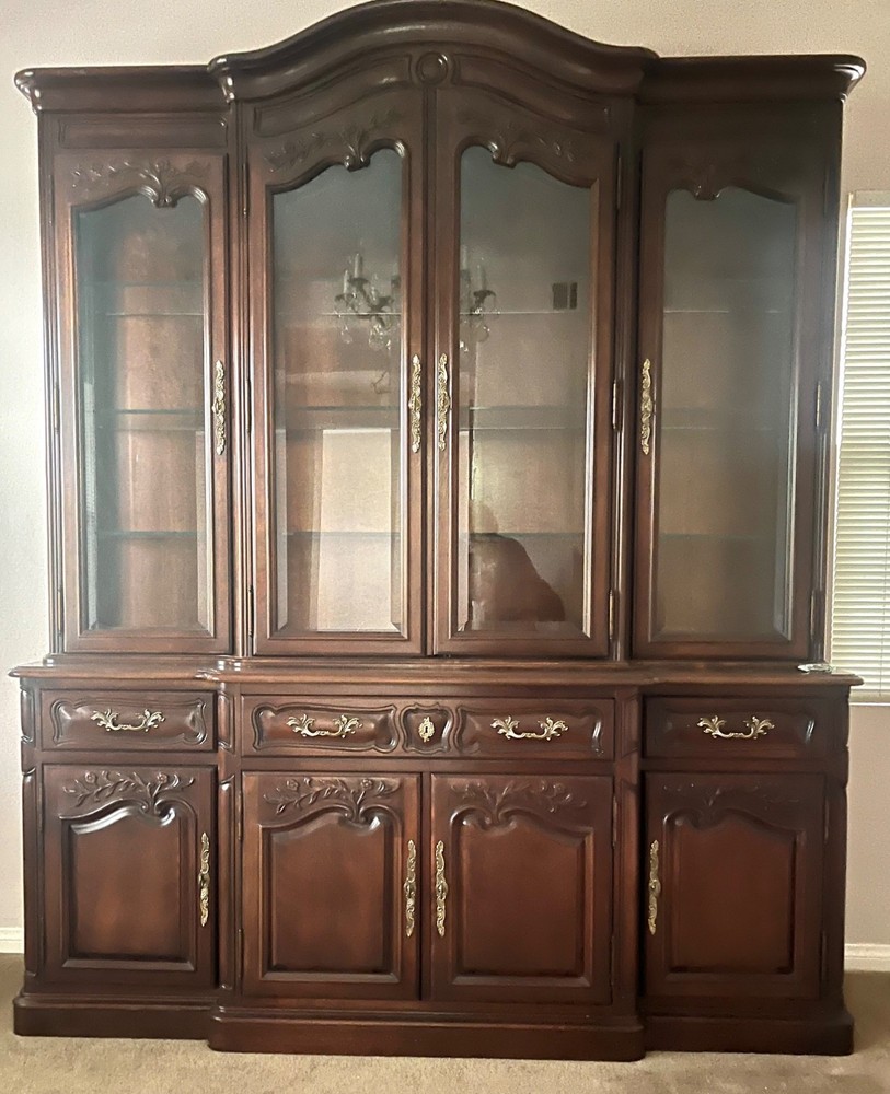 Tall French Carved Hickory White Vintage Wood 6 x 7 ft high China Hutch Cabinet