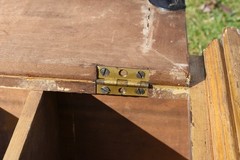 17″W, Antique 1930s small Children’s 2 door Cabinet, faux wood grain painted.