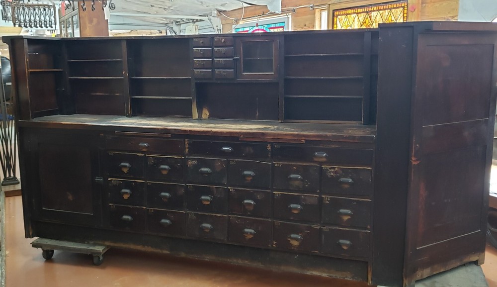 Large 1920’s Wood & Glass Apothecary Storefront Step Back Cabinet & Display Case