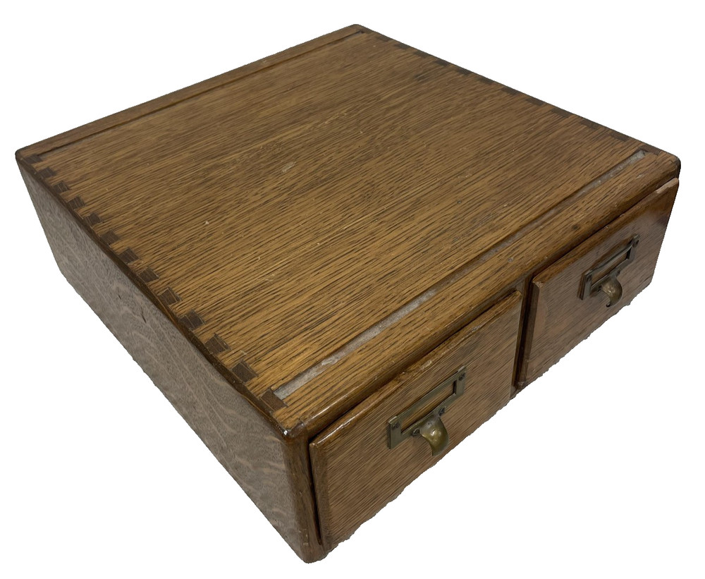 Antique Solid Oak 2 Drawer Card Catalog Library Index File Tabletop Cabinet Box