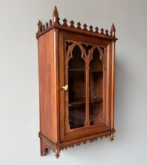 French Antique Gothic Revival Solid Oak and Walnut Wood Bar or Wall Cabinet