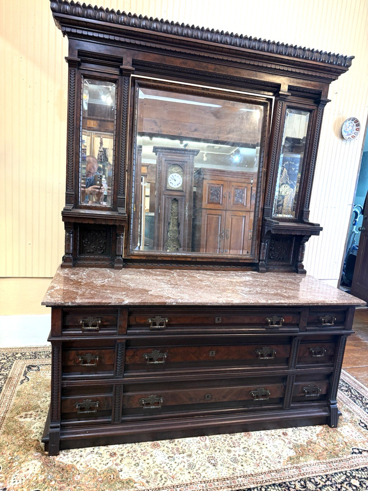 American Antique Eastlake Dresser | 7 Drawer Vanity with Carved Mirror