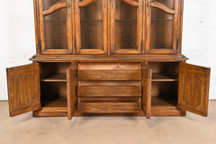 Drexel Heritage French Provincial Carved Oak Lighted Breakfront Bookcase Cabinet