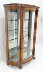 Fine Carved Tiger Oak Lion Feet & Head Curved Glass China Cabinet c1880s MINT!