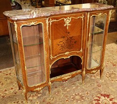 Marble Top French Ormolu Kingwood Inlaid Marquetry Vitrine Attributed To Linke