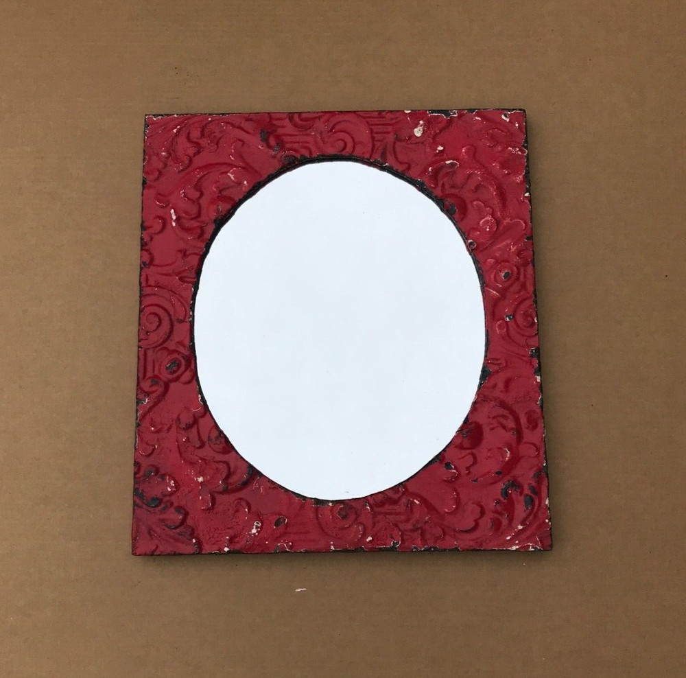 Decorative Salvaged Tin Ceiling 20″ x 23″ Red Metal Tin Oval Mirror Old 1861-23B
