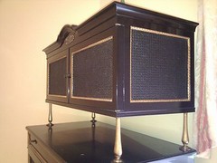 RARE CHIC 40’s GROSFELD HOUSE BLACK LACQUERED CABINET w/ CANE WORK & BRASS