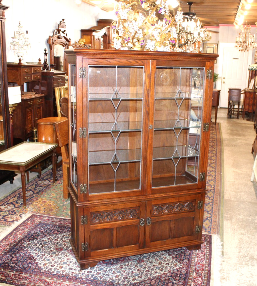 English Antique Oak Display Cabinet | Leaded Glass With Light