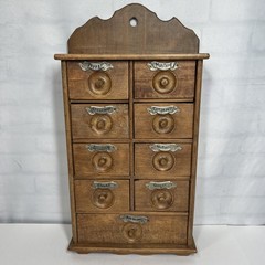 Antique Wood Apothecary Spice Cabinet 9 Metal Labeled Drawers 18.5” x 10”