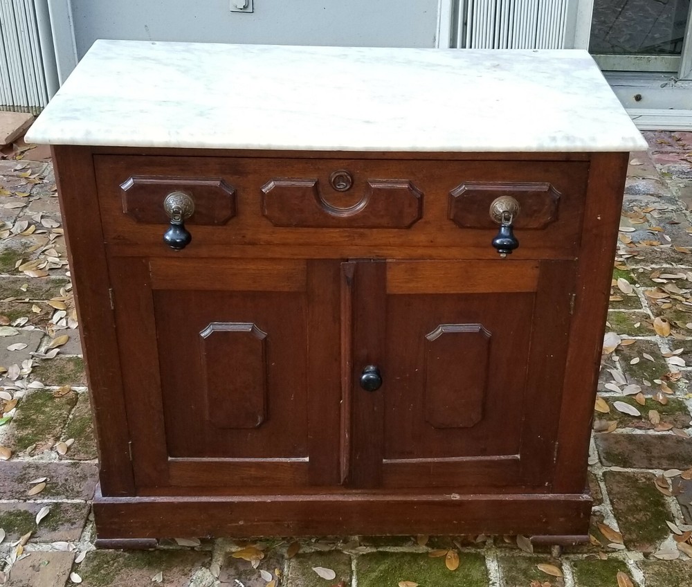 ANTIQUE 19 c. ENGLISH OAK MARBLE TOP STAND DRY CABINET w/ TEAR DROP PULLS