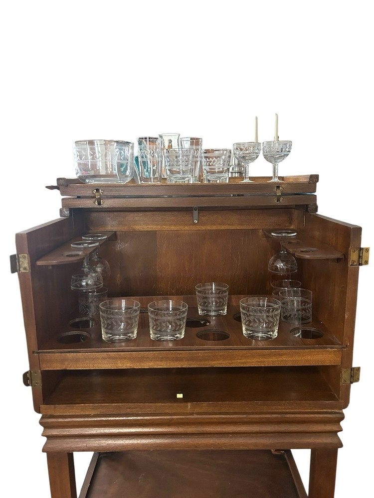 Mid-Century Modern Drexel “Profile” Bar Cabinet & 18 Pc Glassware Set