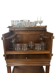 Mid-Century Modern Drexel “Profile” Bar Cabinet & 18 Pc Glassware Set