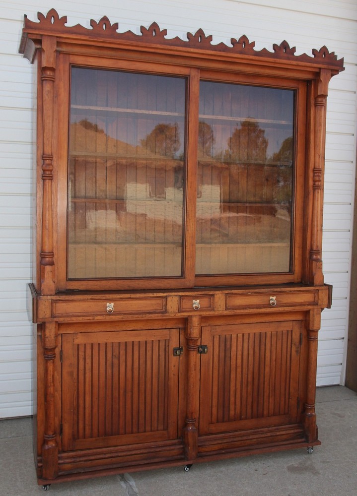 HUGE Primitive Pine Tobacco Liquor 2 PC Massive Cabinet 102″ H Backbar Companion