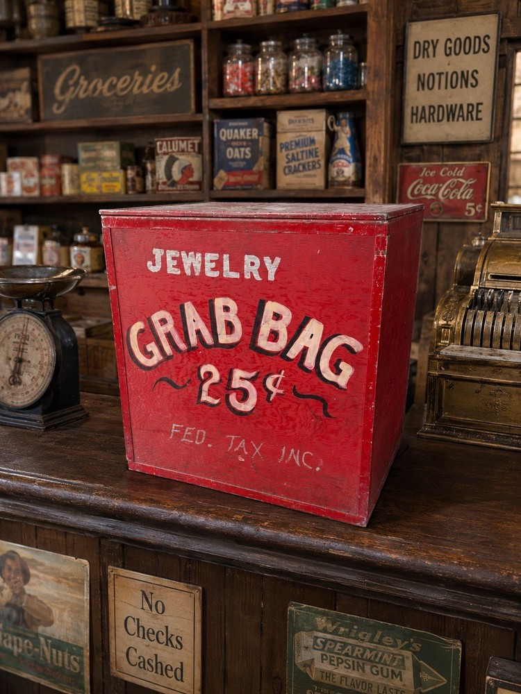 Vintage Folk Art Jewelry Grab Bag Box Hand Painted Store Display Counter Box